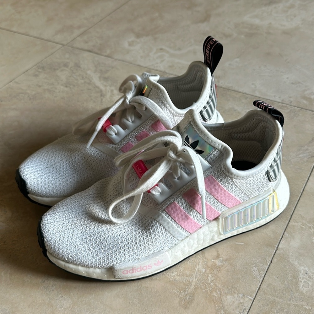 adidas Women’s NMD R1 sneaker- white/ true pink hologram